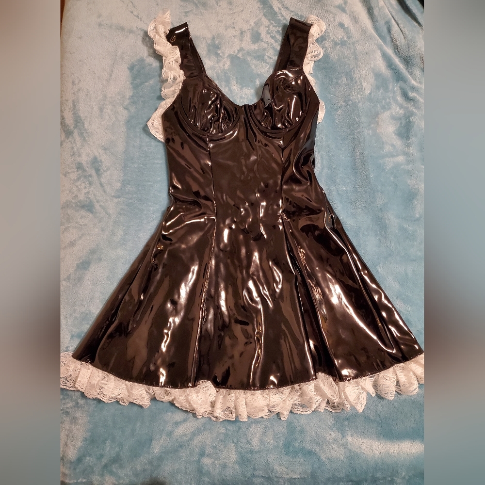 Allure Black Patent Mini Dress with White Lace Trim